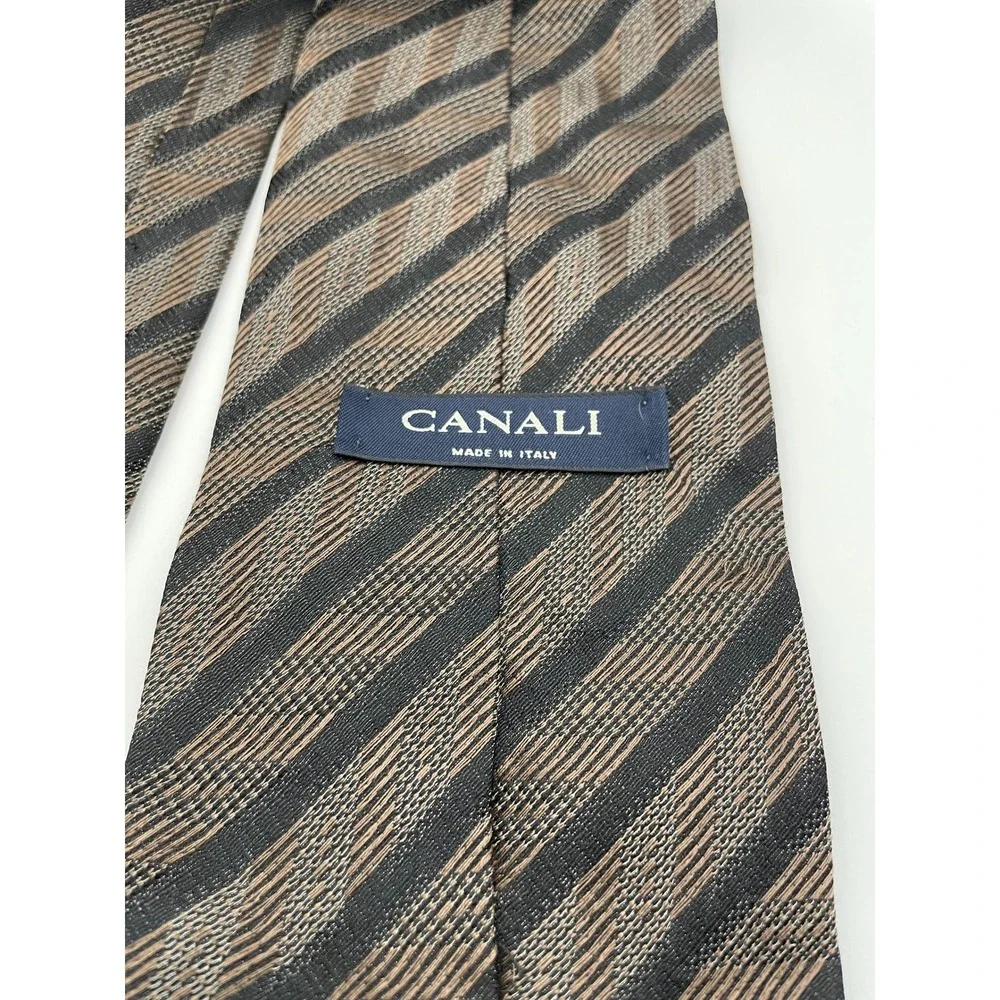 Canali Mens Silk Necktie Brown Tan Black Chevron Stripe Made in Italy Luxury Tie